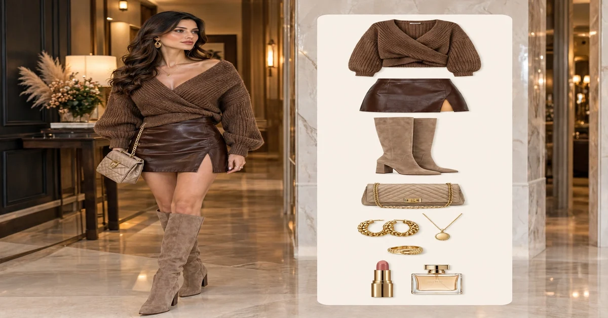 Mocha wrap knit cardigan with chocolate leather skirt — luxury winter outfits for women