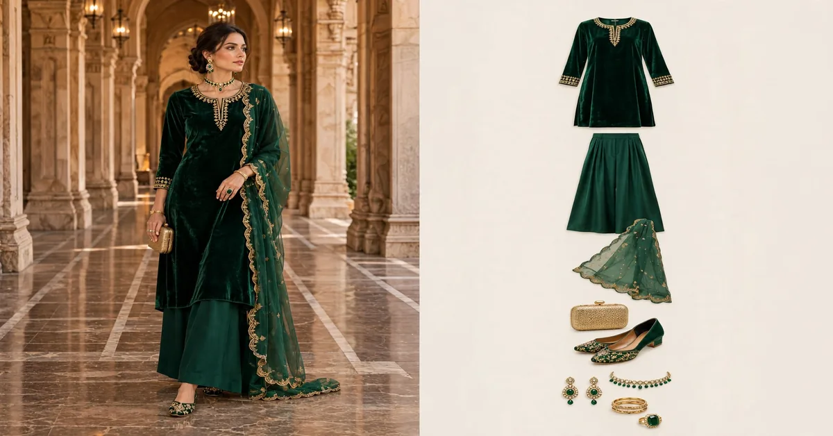 Modern Heritage Emerald Green Velvet Kurti & Palazzos