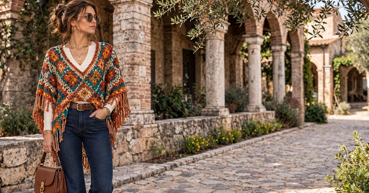 Artisan Mosaic Crochet Poncho and Flare Jeans Look