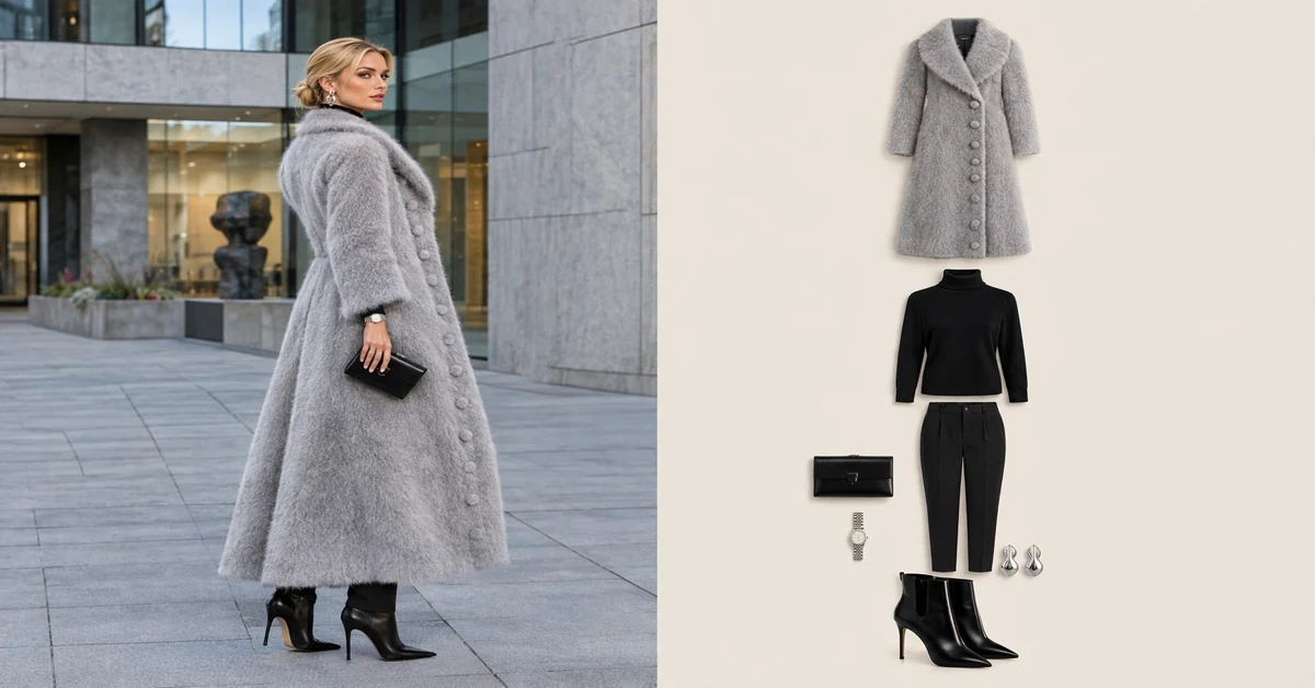 Grey fluffy statement-button overcoat with black tailoring