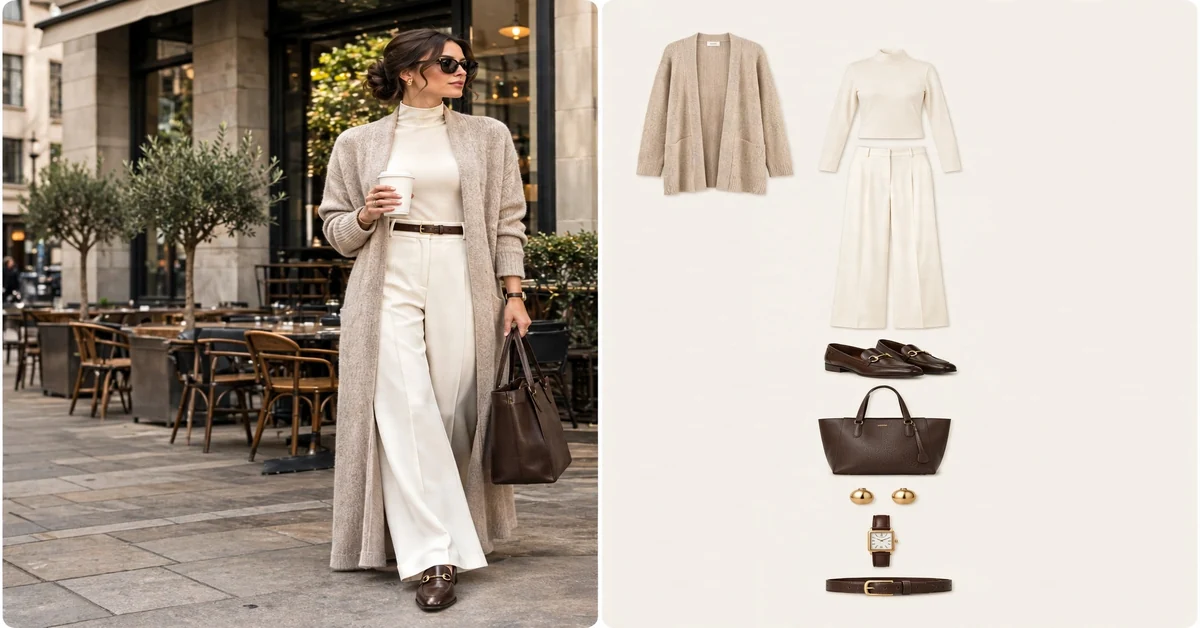 Oatmeal longline cardigan with tailored ivory trousers