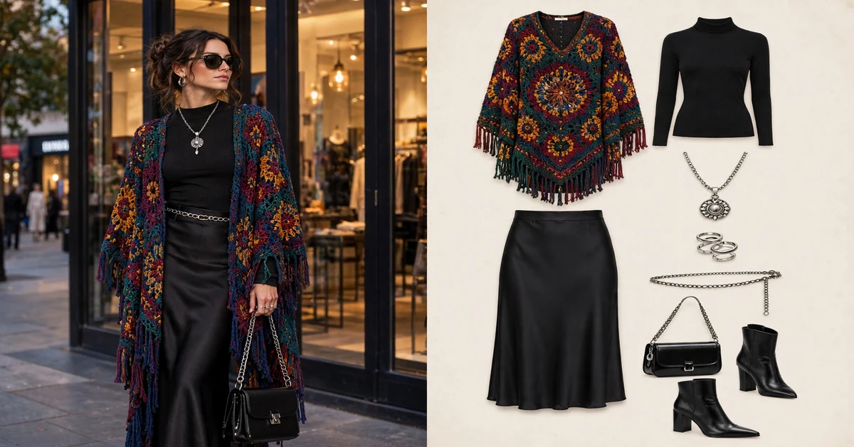 Bohemian Contrast Crochet Poncho and Satin Midi Skirt