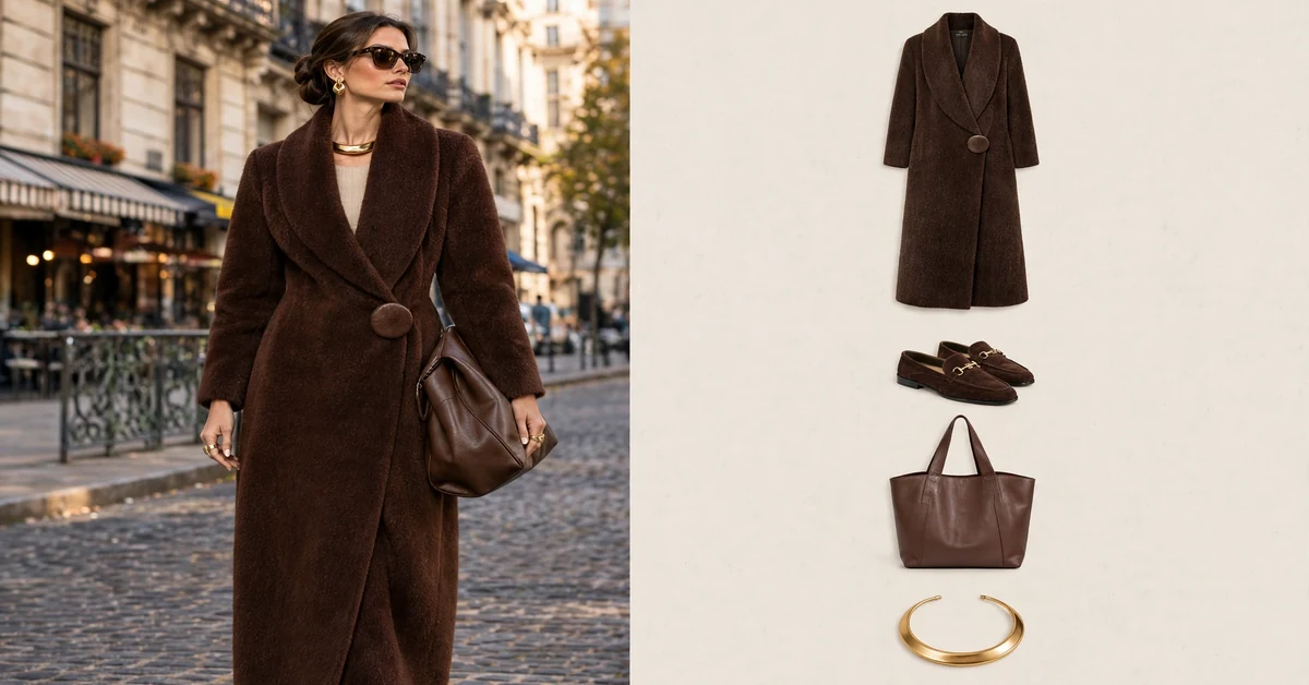 Chocolate brown cocoon-style wrap coat, minimalist luxury