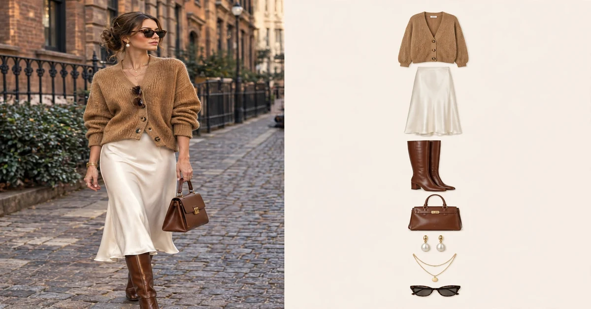 Camel chunky cardigan with cream satin midi skirt