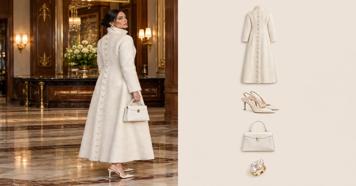 Cream wool button-back statement coat, editorial elegance
