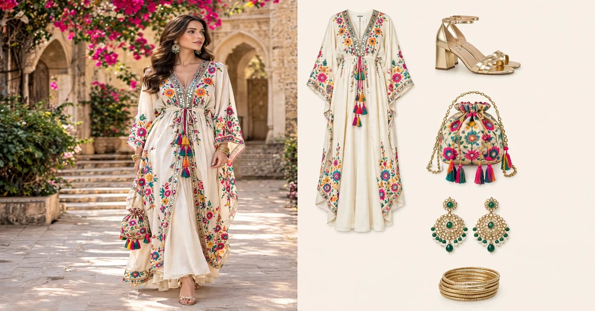 Vibrant phulkari embroidered kaftan dress with mirror work