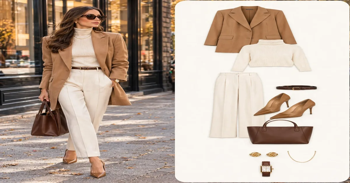 Quiet Luxury Fall Office Style: Camel Blazer & Cream Trousers