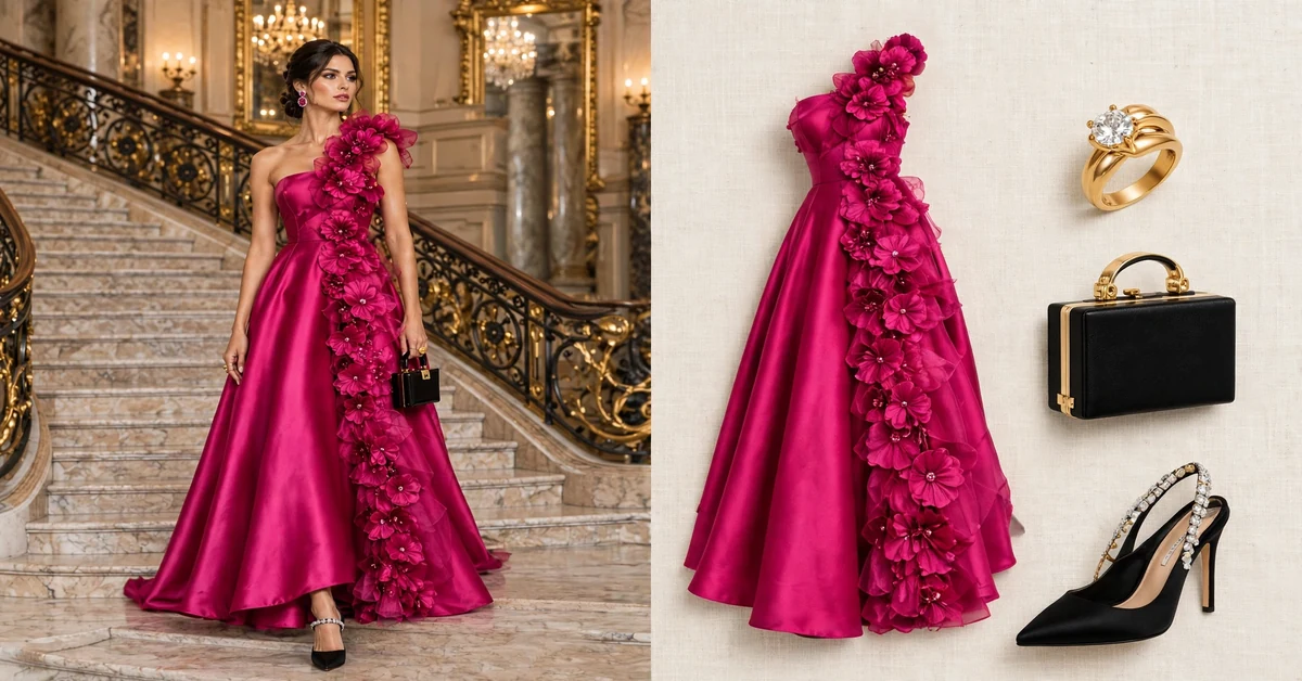 Fuchsia gown with 3D flowers - luxury winter outfits eveningwear