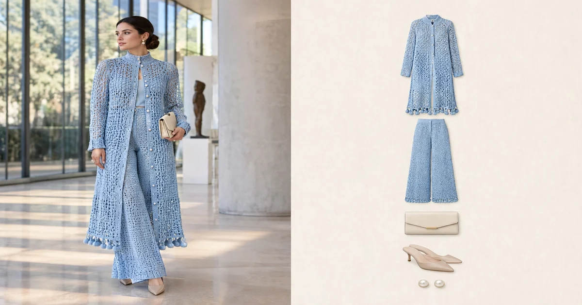 Sky blue openwork crochet knit two-piece set