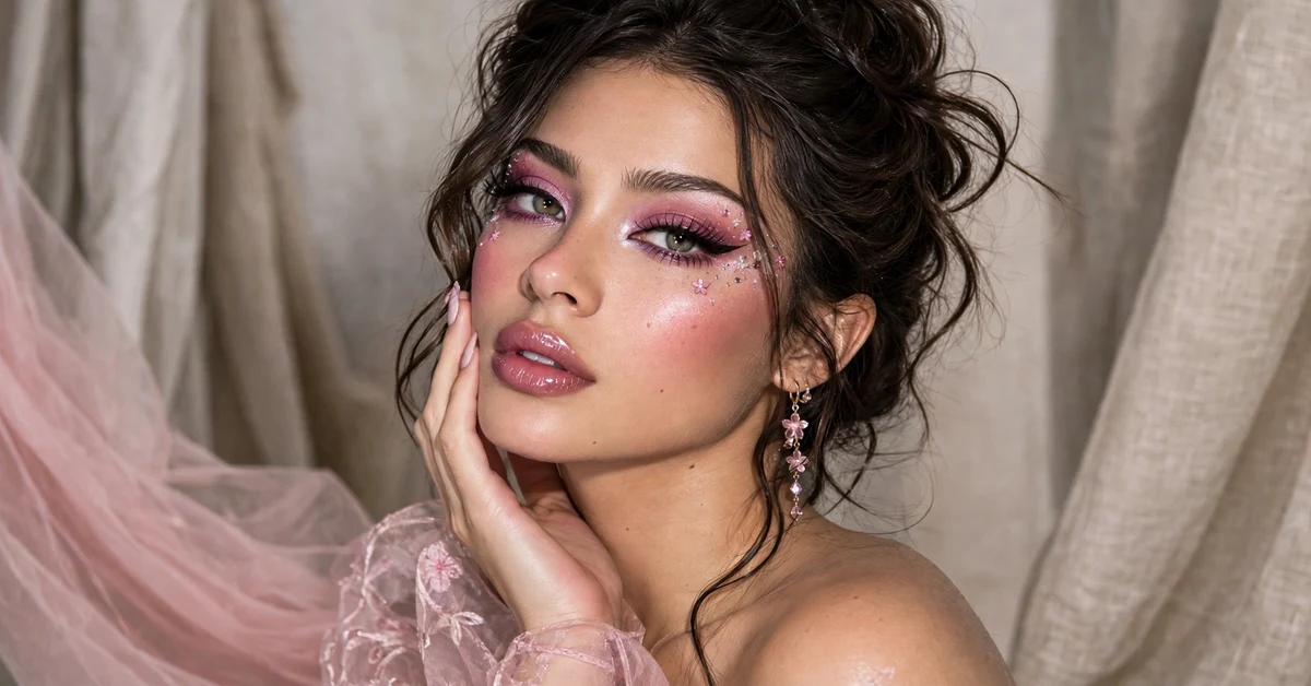 Pink fairycore makeup looks with romantic pink glitter eyes, floral rhinestones, and glossy rose lips