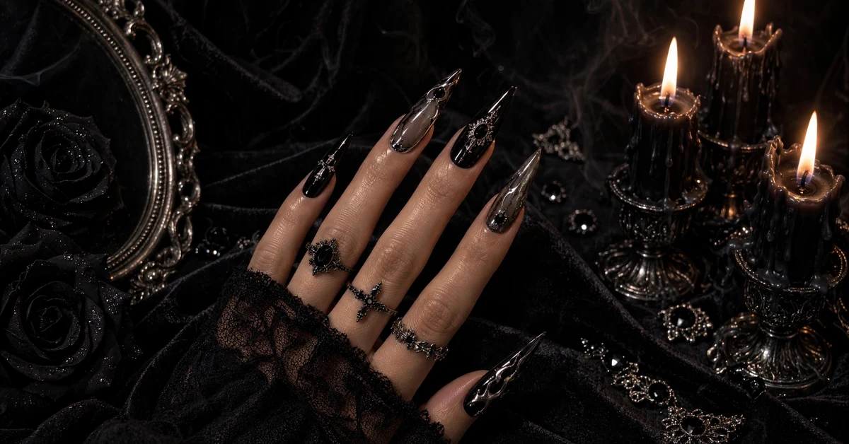 Black gothic stiletto nails with silver chrome accents and gemstone embellishments — dark feminine elegant nail designs