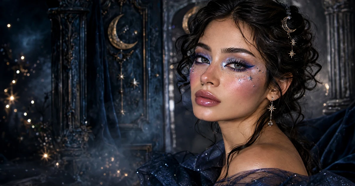 Ethereal cosmic fairy makeup looks with lavender glitter eyes, star rhinestones, and celestial accessories