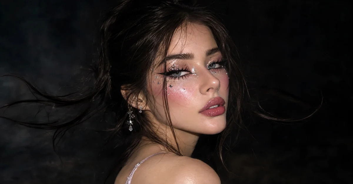 Celestial Glitter Glam Makeup with rhinestone stars — dreamy dramatic glam makeup looks