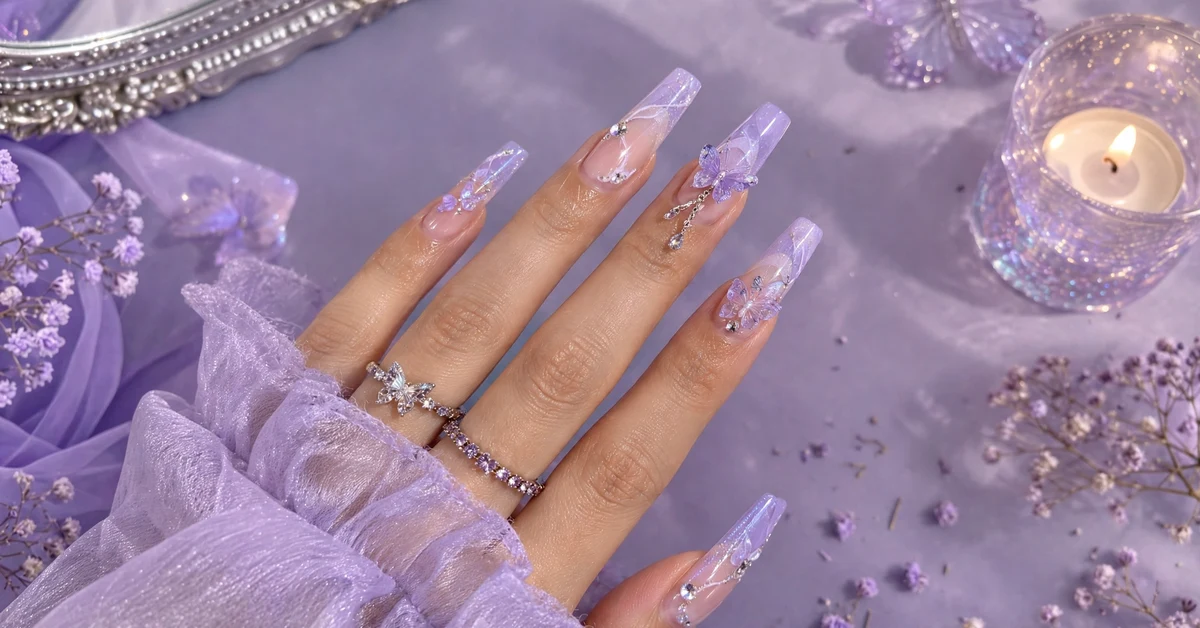 Lavender butterfly 3D coffin nails with holographic glitter and rhinestones — dreamy elegant nail designs
