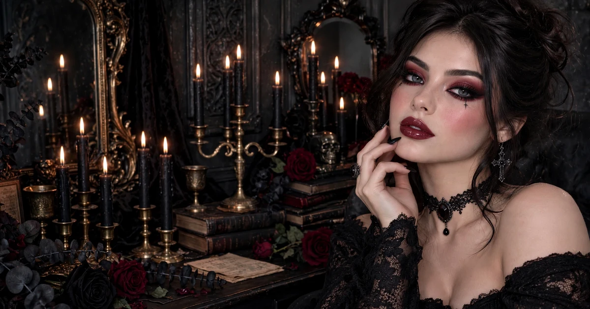 Gothic glam makeup looks with dark burgundy smokey eyes and glossy wine-red lips in candlelight