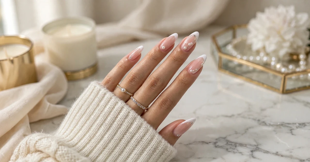 Classy pearl white French tip almond nails with pearl embellishments and gold rings