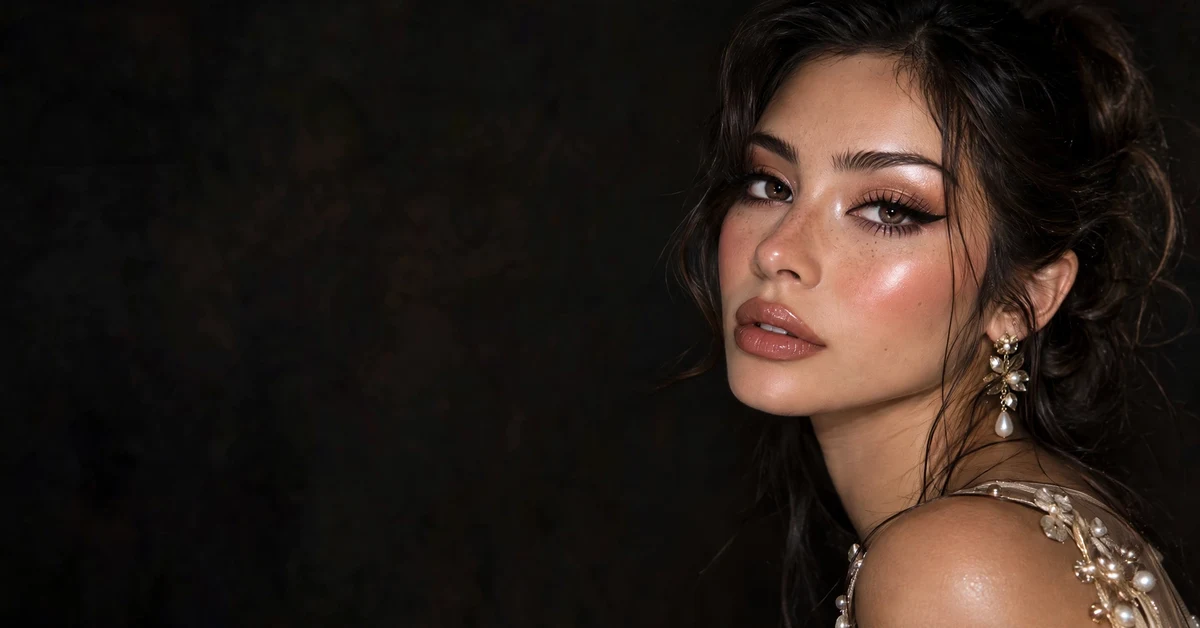 Soft bronze glam makeup look with glowy dewy skin, nude glossy lips, and sharp cat eye liner