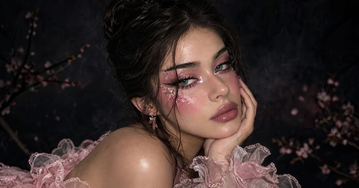Cherry Blossom Fairy Makeup with pink glitter and floral cheek art — dramatic glam makeup looks