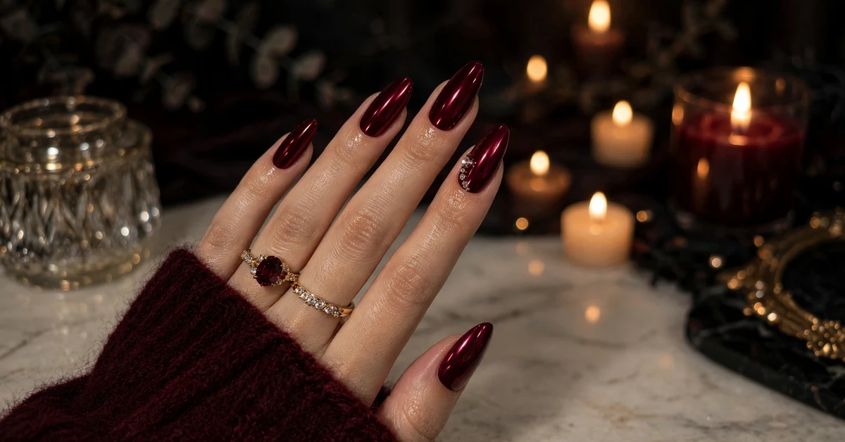 Dark cherry red chrome almond nails with rhinestone accent and gold rings