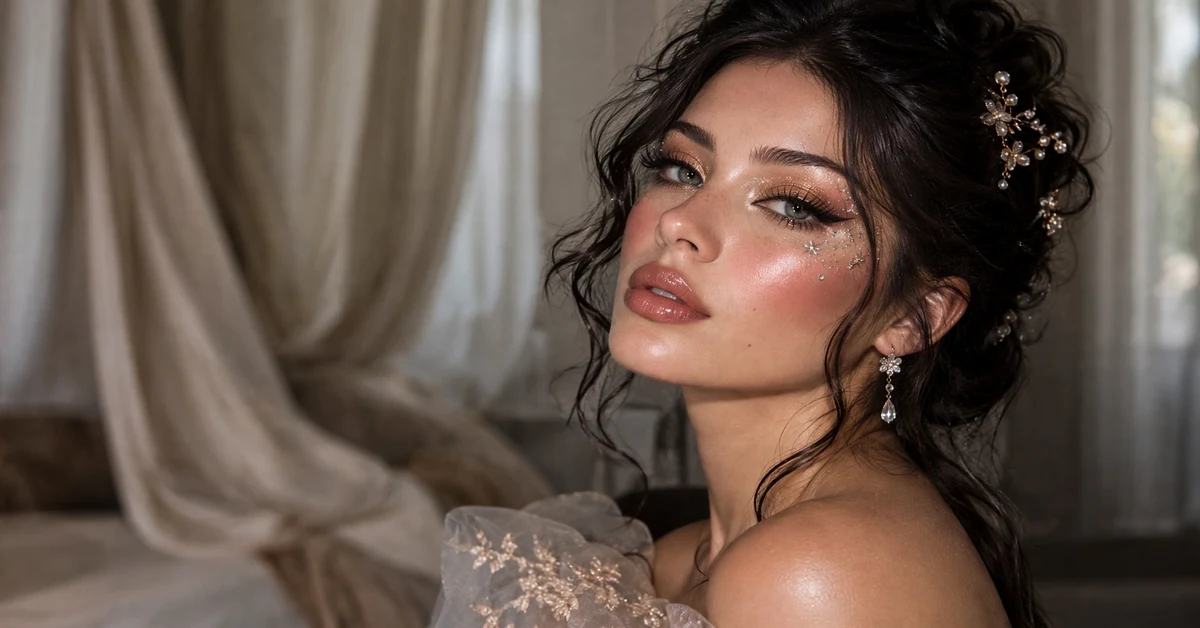 Pink fairycore makeup with champagne shimmer eyes, star cheek rhinestones, and glossy rose lips