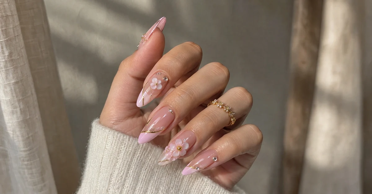 Classy pink almond nails with 3D floral art and gold detailing — elegant nail designs