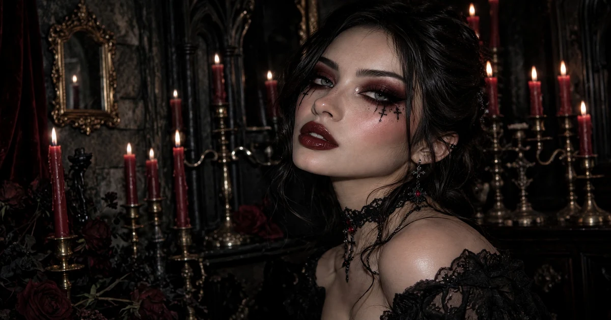 Dark romantic gothic makeup look with burgundy smoky eyes, ornamental under-eye details, and deep burgundy lips