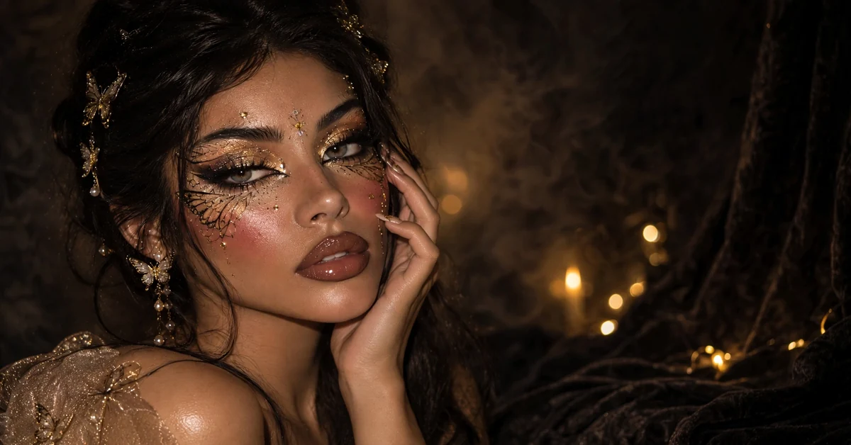 Golden Butterfly Makeup with gold glitter and butterfly-wing liner — dramatic glam makeup looks
