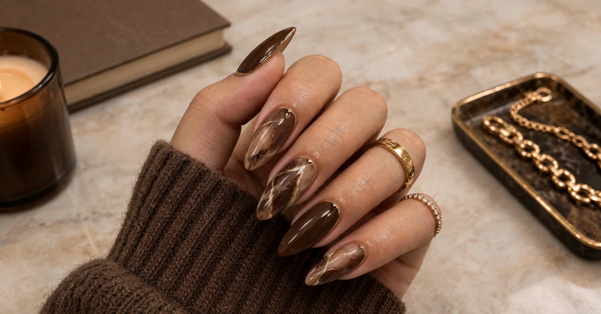Chocolate brown marble almond nails with cream veining and gold edging