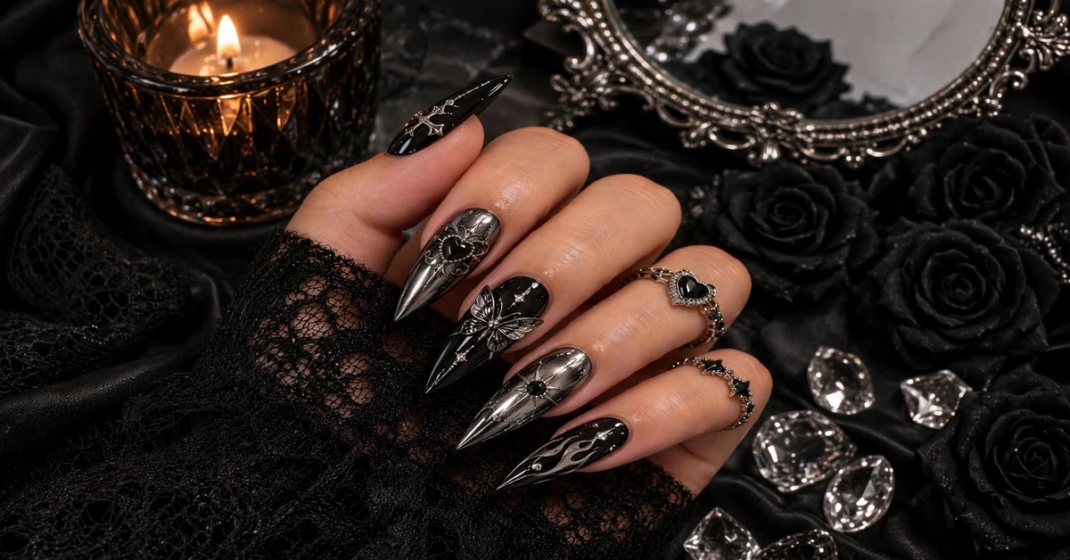 Gothic Black Chrome Stiletto Nails - Gothic and Dramatic - elegant nail designs