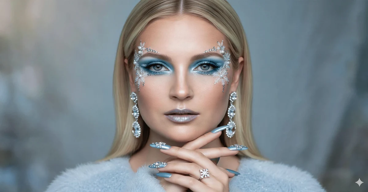 Icy blue makeup looks with frosty silver-blue eyeshadow, snowflake face gems, and crystal accessories