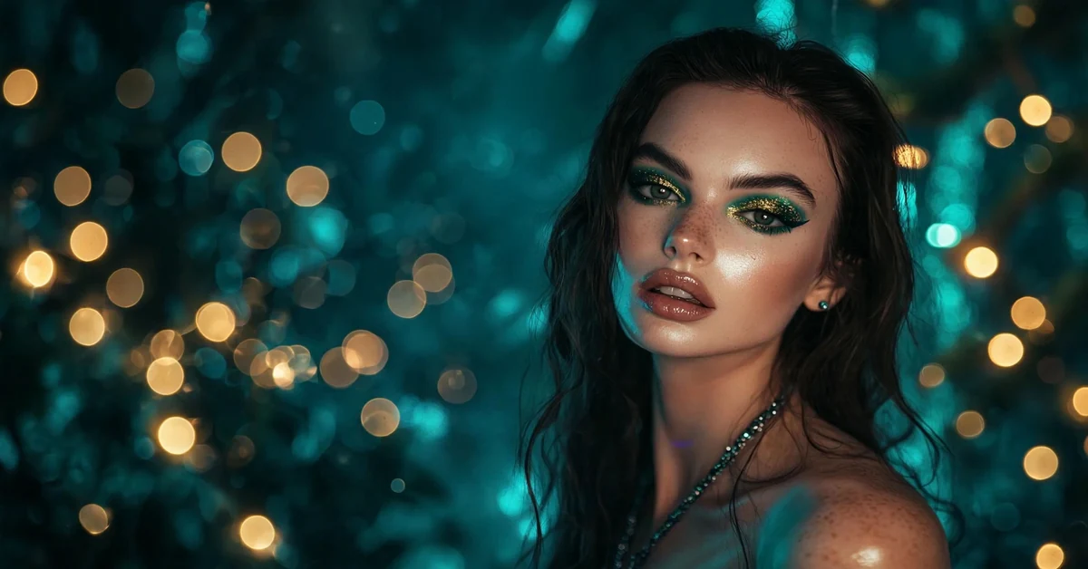 Emerald Enchantress Makeup with green glitter eyes and gold accents