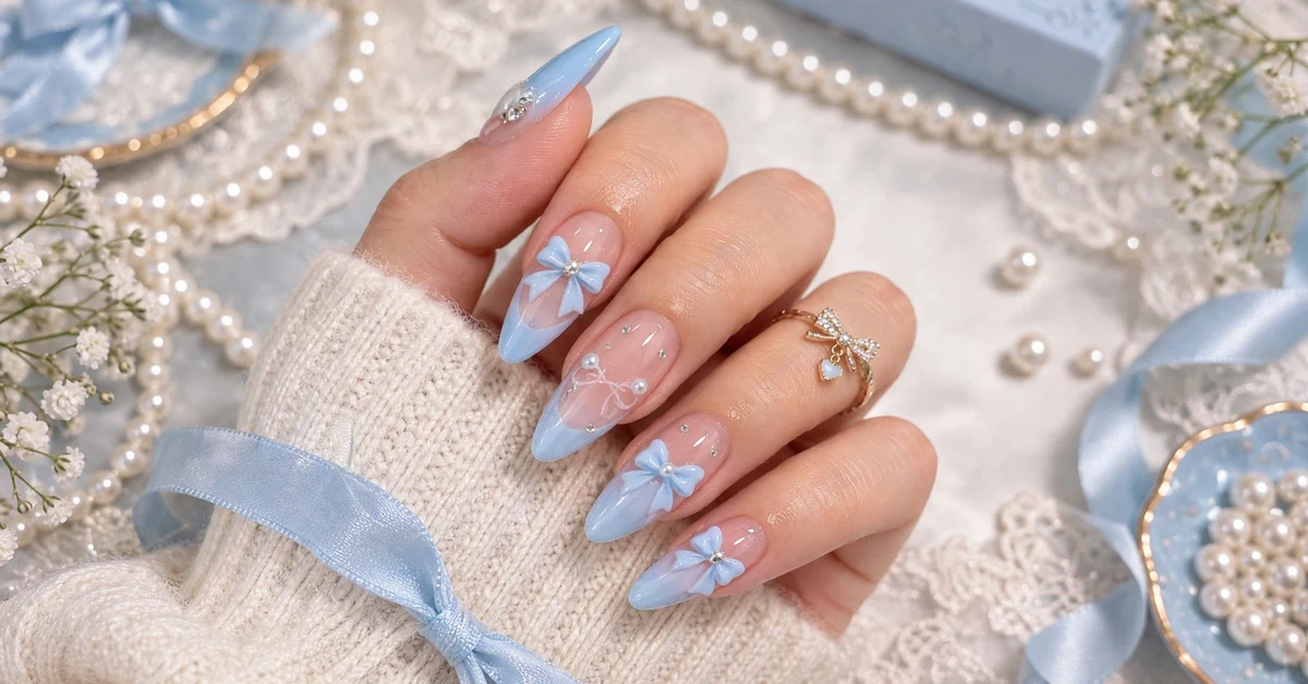 Baby blue 3D bow almond nails with pearls and rhinestones — coquette elegant nail designs