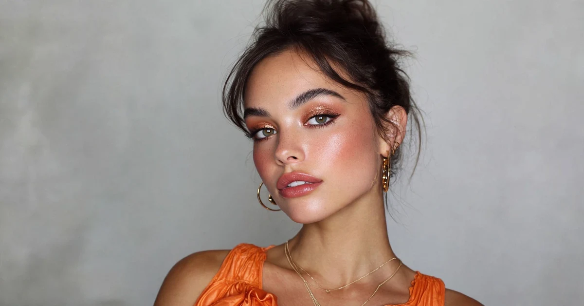Autumn makeup with copper eyeshadow, terracotta blush, warm nude lips, and gold hoop earrings