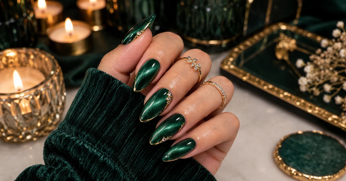 Emerald green cat eye almond nails with magnetic shimmer, gold edging and crystal accents
