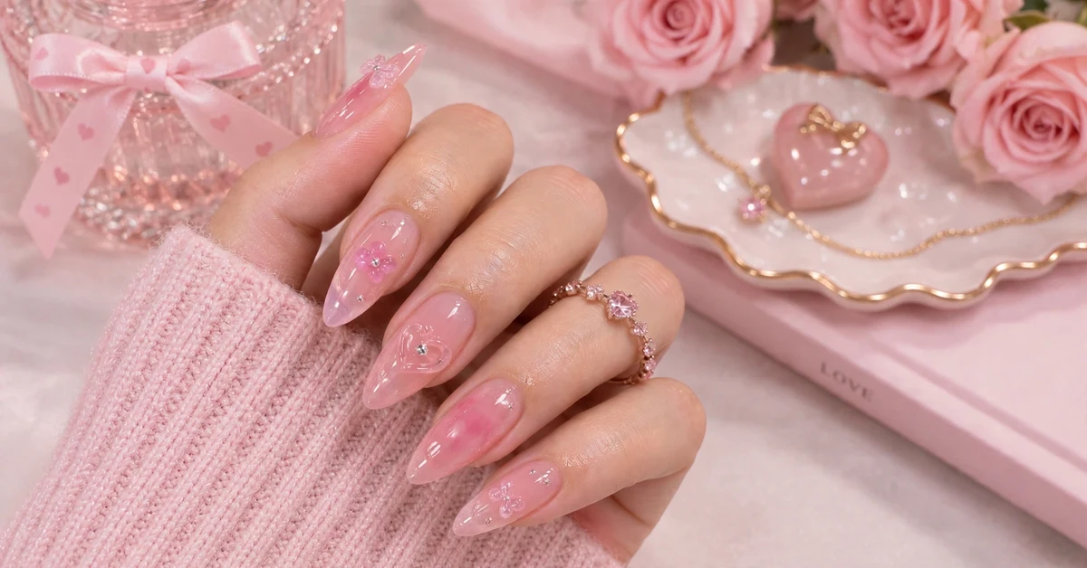 Korean Pink Jelly Nails - K-Beauty glossy cute nail design - elegant nail designs