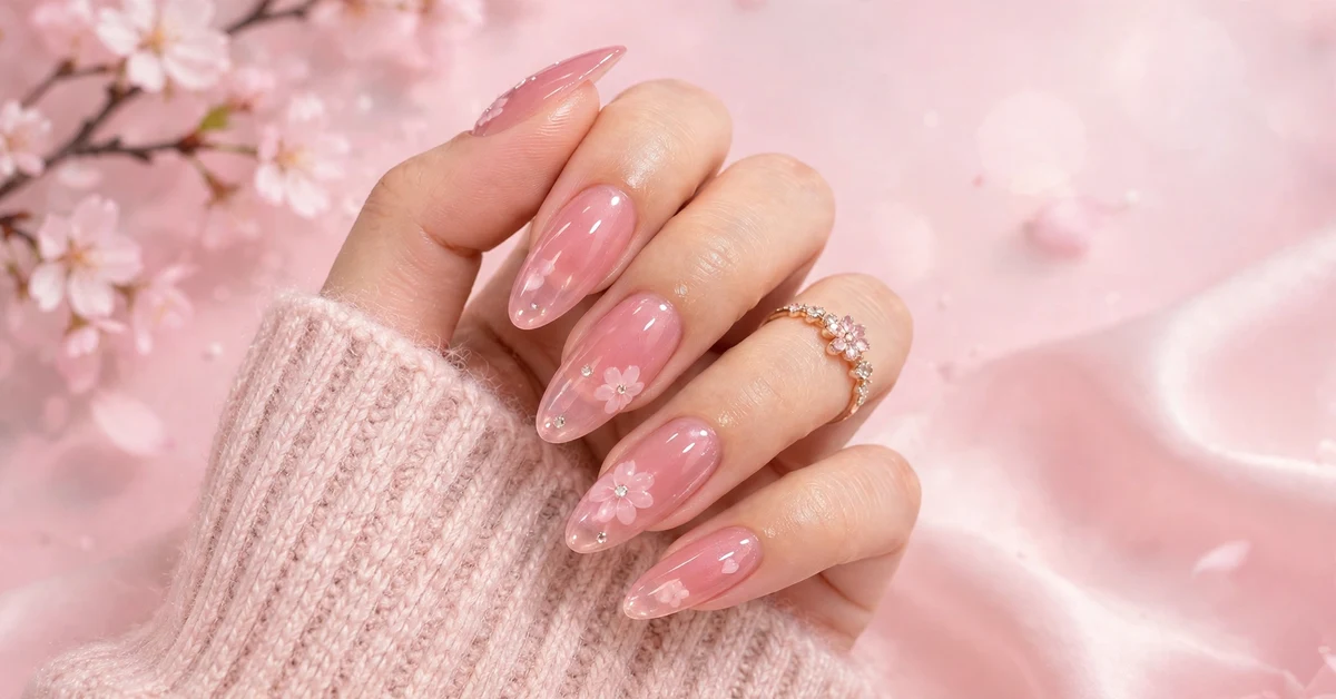 Korean pink jelly almond nails with delicate floral art and tiny rhinestones