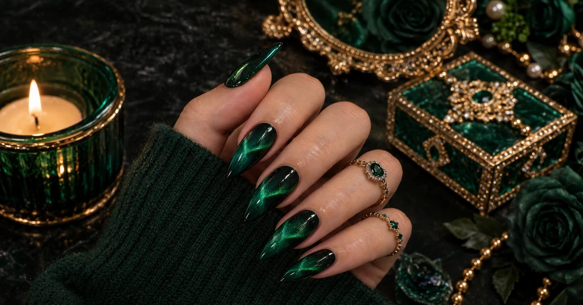 Emerald Green Cat Eye Nails - Elegant Luxury - elegant nail designs