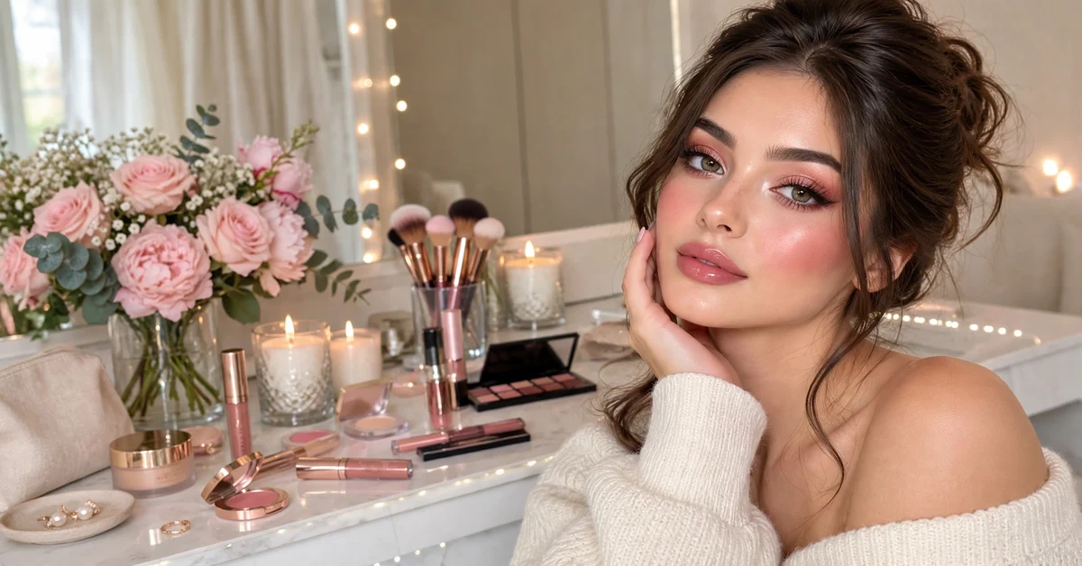 Soft rose glam makeup look with pink eyeshadow, rosy blush, glowing skin, and glossy nude lips