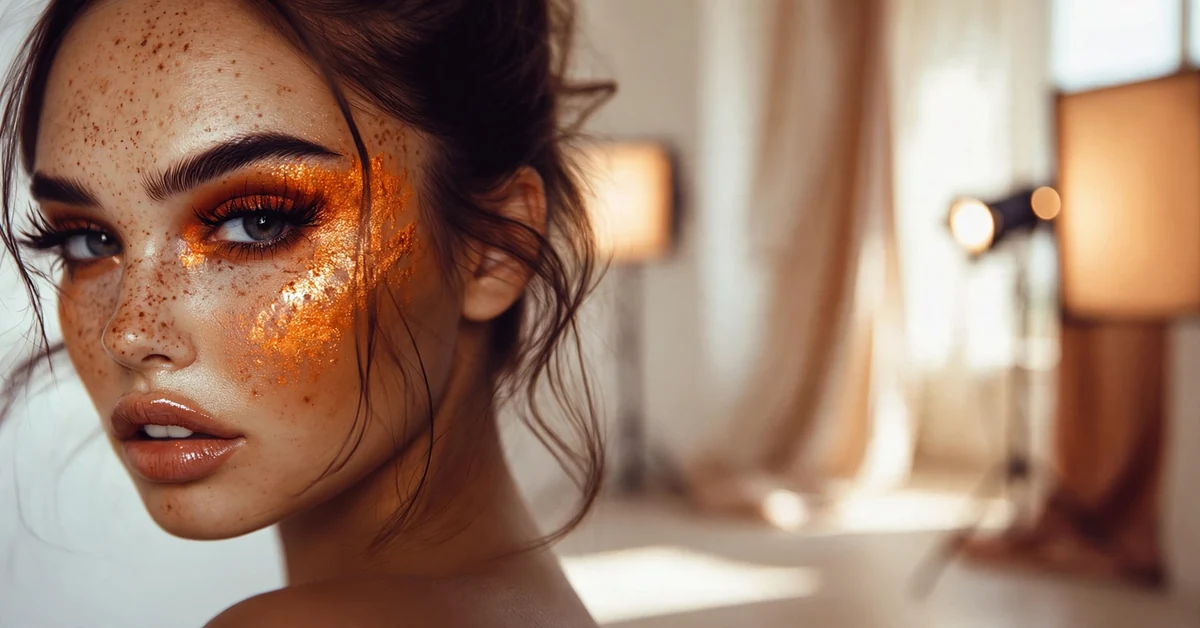 Autumn Ember Makeup with copper glitter eyes and warm fall tones