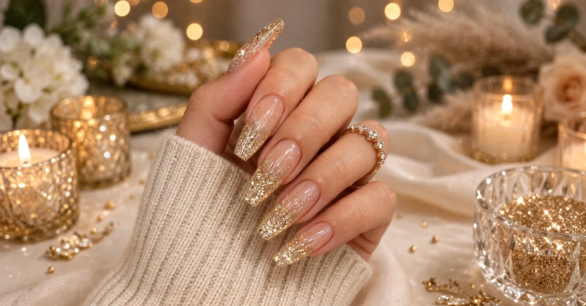 Champagne gold glitter almond-coffin nails with sparkling gold ombre tips