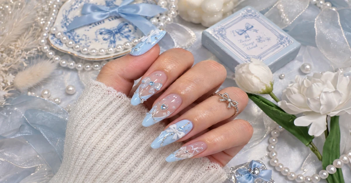 Baby Blue 3D Bow Nails - Coquette Aesthetic - elegant nail designs