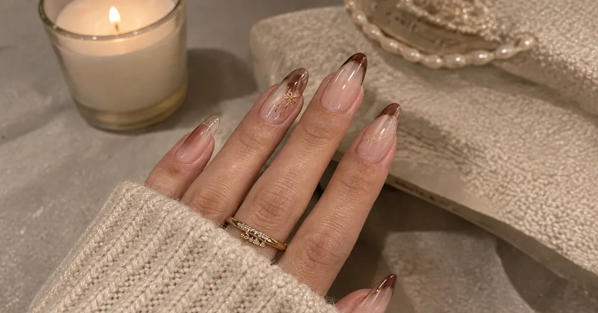 Light Brown French Tip Almond Nails With Nude Details