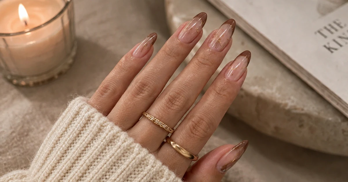 Light Brown French Tip Almond Nails With Nude Gold Details — almond nail designs