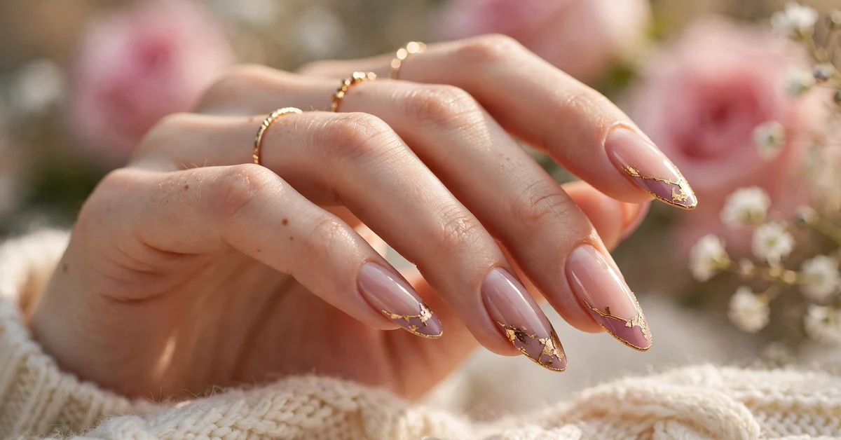 Light Pink Mauve French Tip Almond Nails With Gold Details — elegant fall beauty ideas