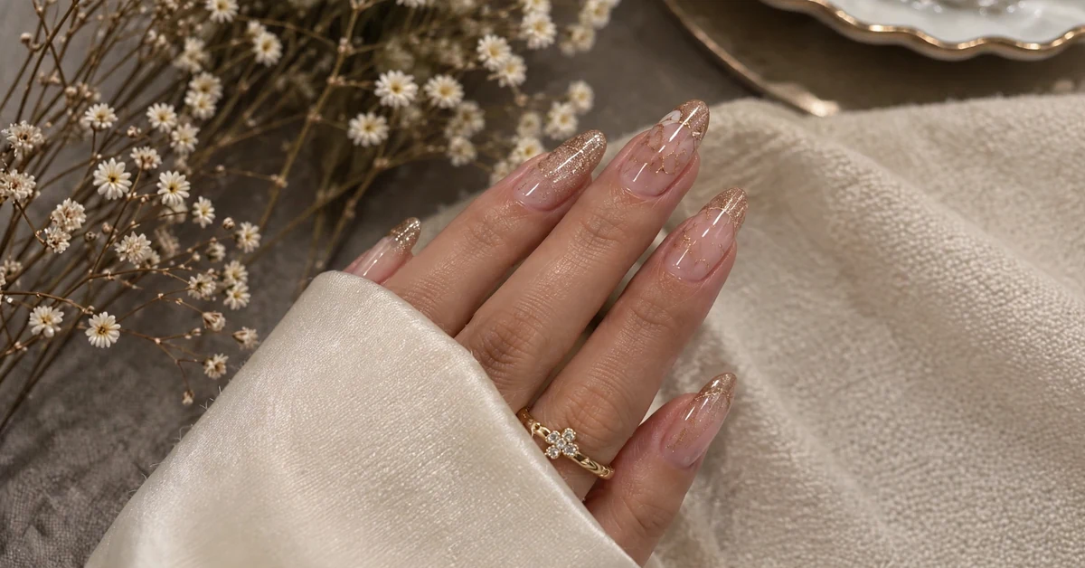 Elegant Nude Pink Almond Nails With Champagne Glitter & Gold Details — almond nail designs