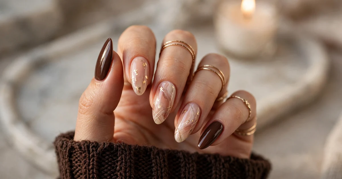 Luxury Chocolate Brown Almond Nails With Nude Gold Accents