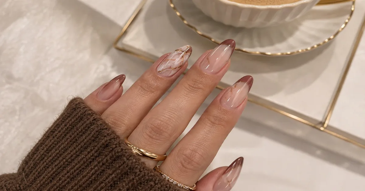 Luxury Brown Marble Almond Nails With Nude Details 🤎