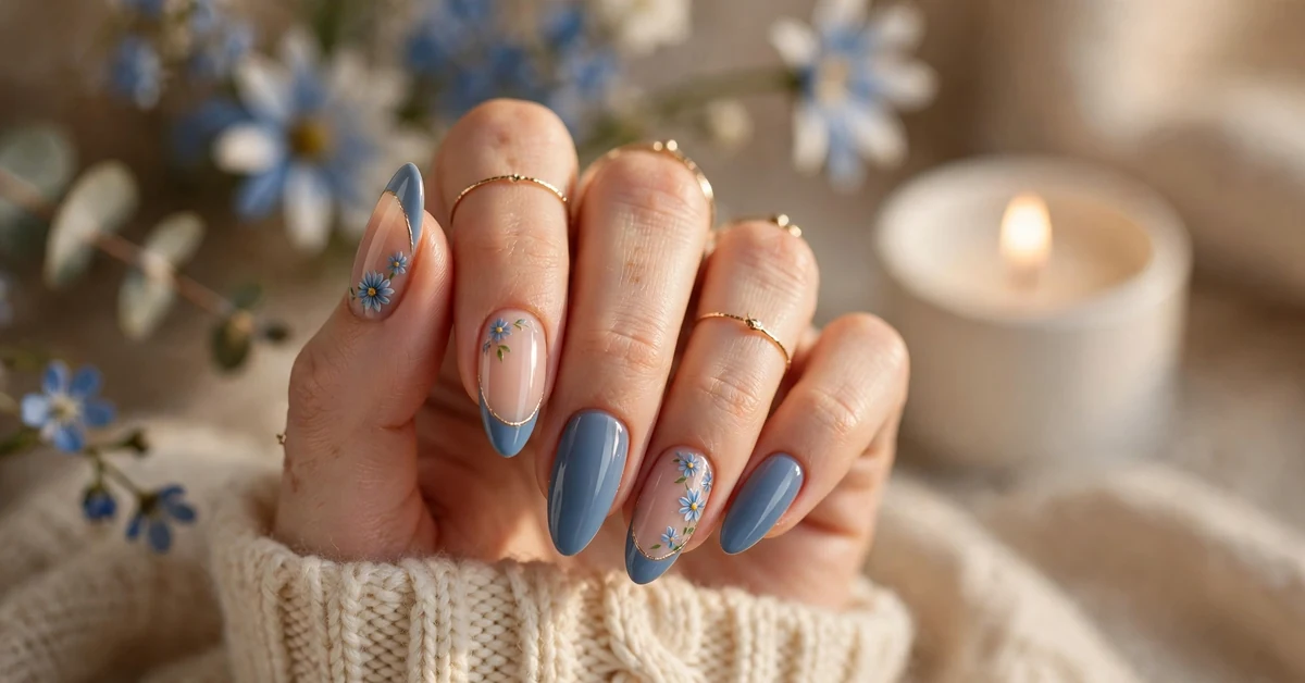 Dusty Blue French Tip Almond Nails With Nude Floral Details