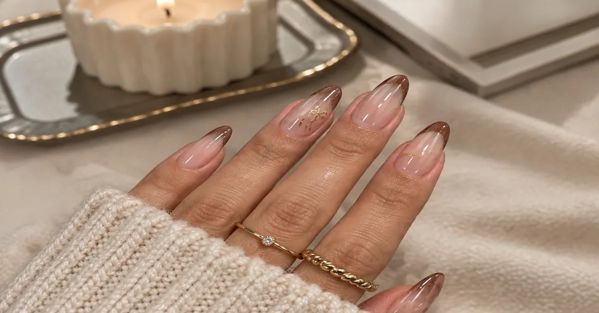 Soft Brown French Tip Almond Nails With Nude Gold Details 🤎