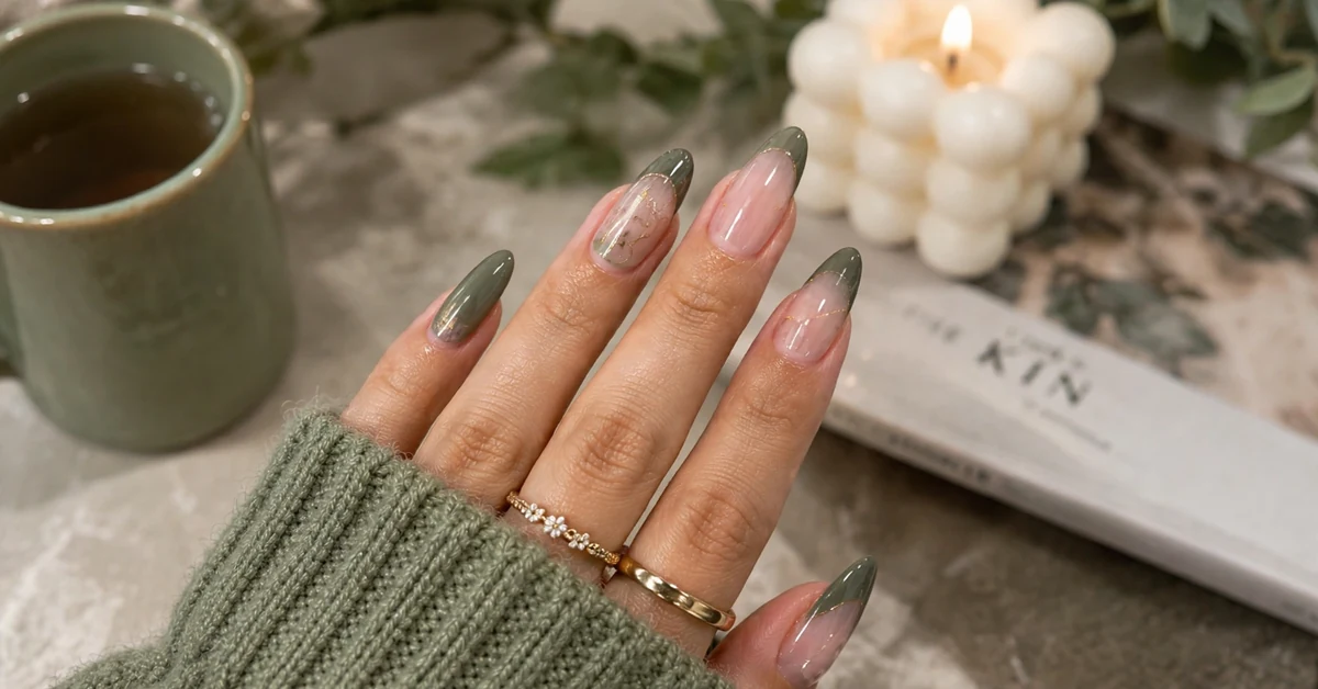 Sage Green French Tip Almond Nails With Nude Gold Details — almond nail designs